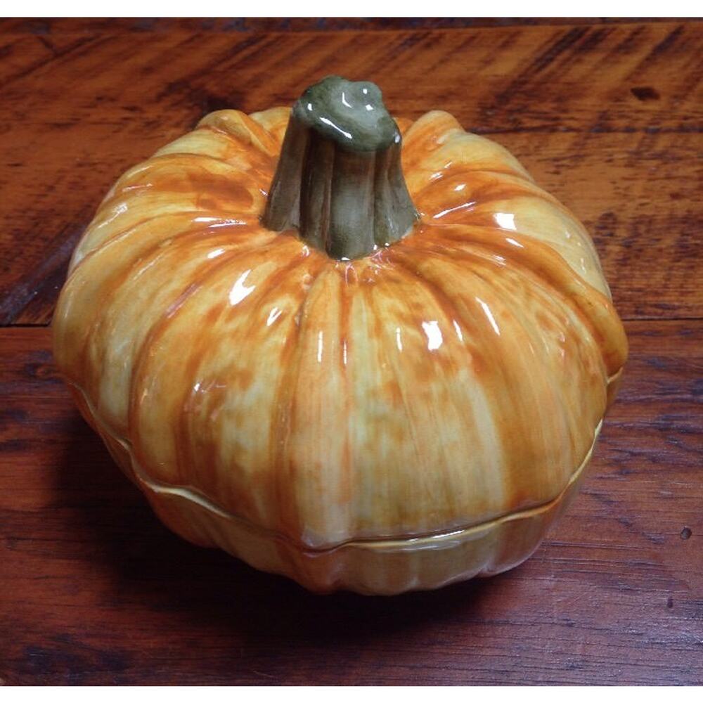 Vintage Italian Glazed Ceramic Pumpkin Jack-o-lantern Kitchen Candy Bowl Dish